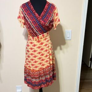 Elegant Red and Yellow Patterned Midi Dress